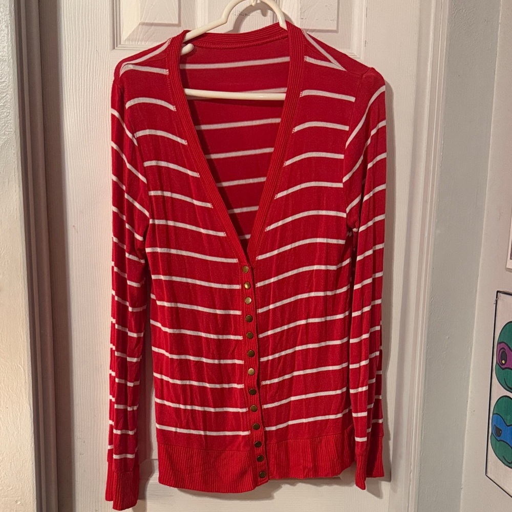 Striped Red Button-Front Women's Cardigan